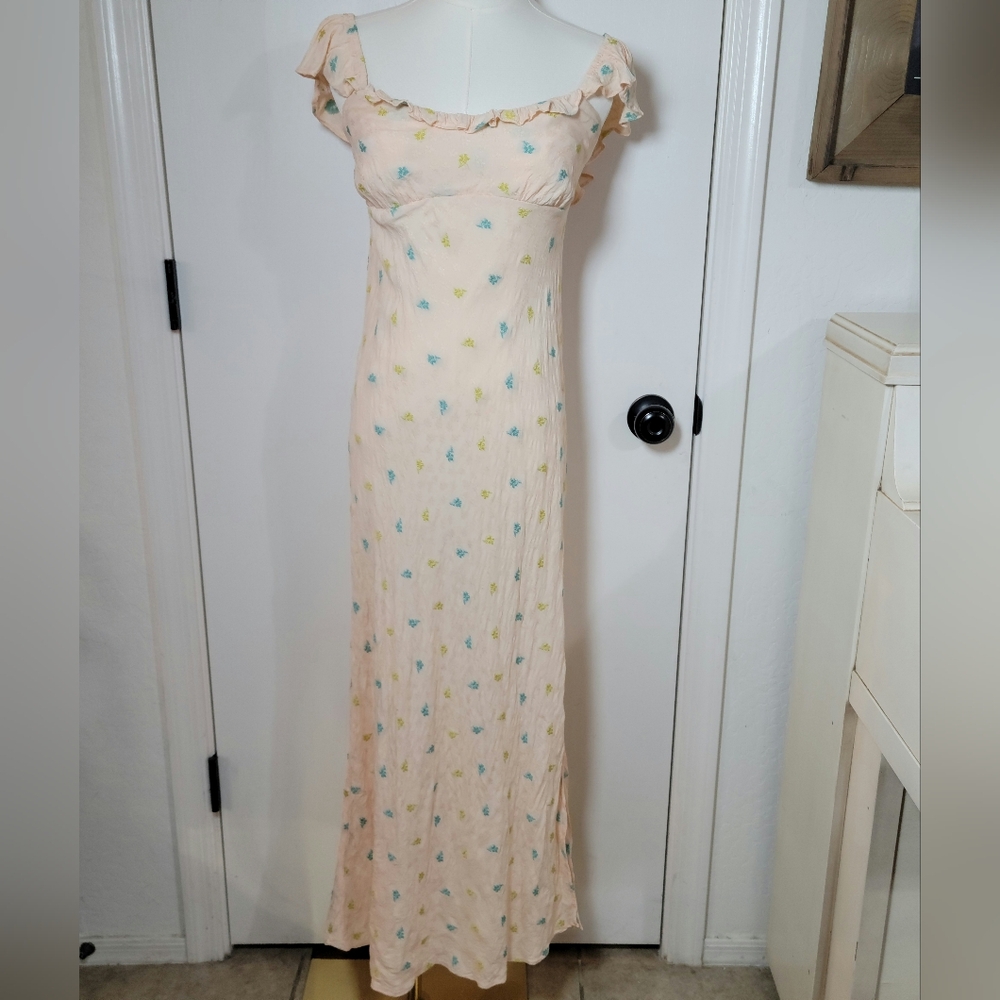 Anthropologie Babydoll Pink Floral Embroidered Midi Dress Size Small